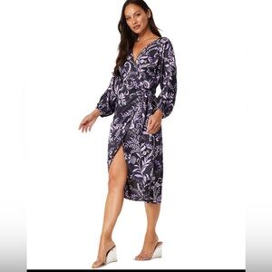 MISA Los Angeles Sylvia Faux Wrap Indigo Satin Boho High Low Dress NWT S $358